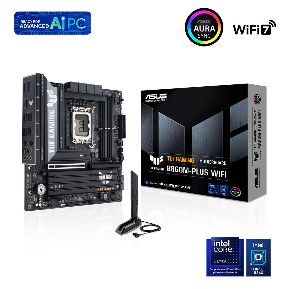 ASUS TUF GAMING B860M-PLUS WIFI B860 LGA 1851 mATX motherboard, Intel Core Ultra Series 2 Ready, AI PC, 12+1+2+1 80A stages, DDR5 ,PCIe 5.0, 3x M.2, Wi-Fi 7, 2.5G LAN, HDMI, USB 20Gbps Type-C
