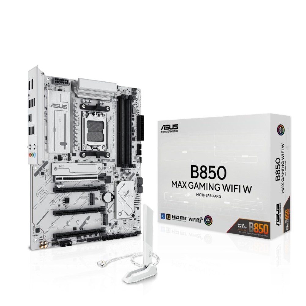 ASUS B850 MAX GAMING WIFI W – AMD AM5 ATX Motherboard White PCB DDR5 PCIe 5.0 Ready 3x M.2 Wi-Fi 6E 2.5Gb LAN USB 10Gbps Type-C DisplayPort HDMI BIOS FlashBack Aura Sync ASUS AI Advisor