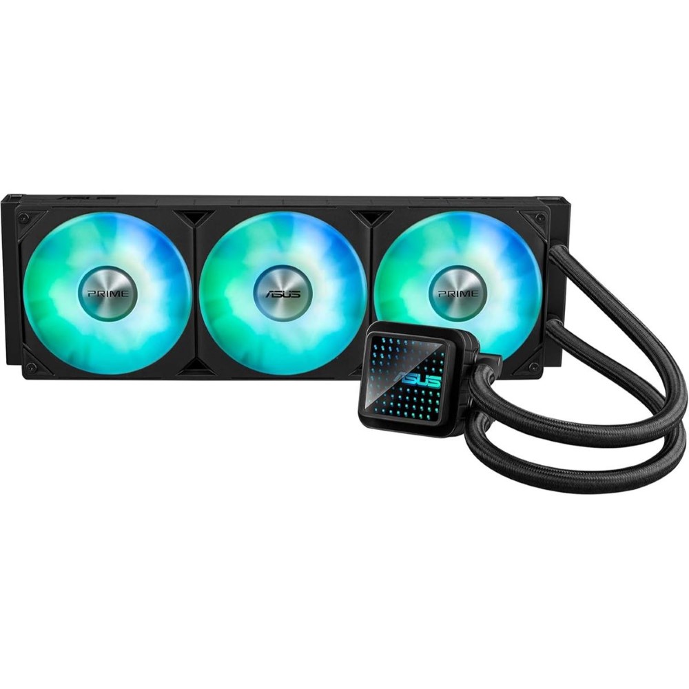 ASUS Prime LC 360 ARGB all-in-one CPU liquid cooler with specially designed CPU contact area and finned channels, water block with infinity mirror lens options, pre-installed ARGB fans and Aura lighting.