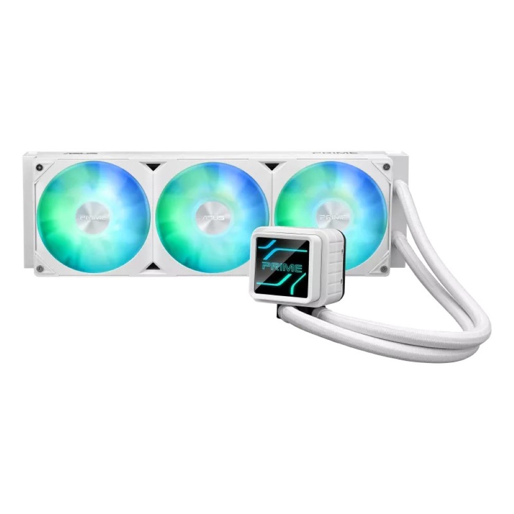 ASUS Prime LC 360 ARGB White Edition all-in-one CPU liquid cooler with vast CPU contact area and finned channels, water block with infinity mirror lens options, integrated ARGB fans and Aura lighting