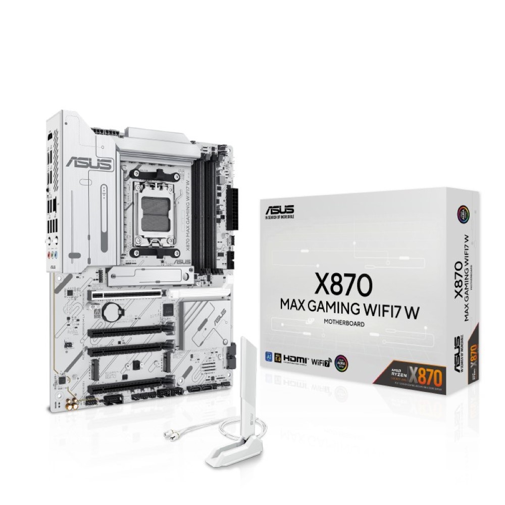 ASUS X870 MAX GAMING WIFI7 W AM5 ATX Motherboard AMD X870 Chipset 4x DDR5 DIMM Slots Up to 256GB Max Memory 1x PCIe 5.0 x16 3x M.2 Slots Wi-Fi 7 & Bluetooth v5.4 White