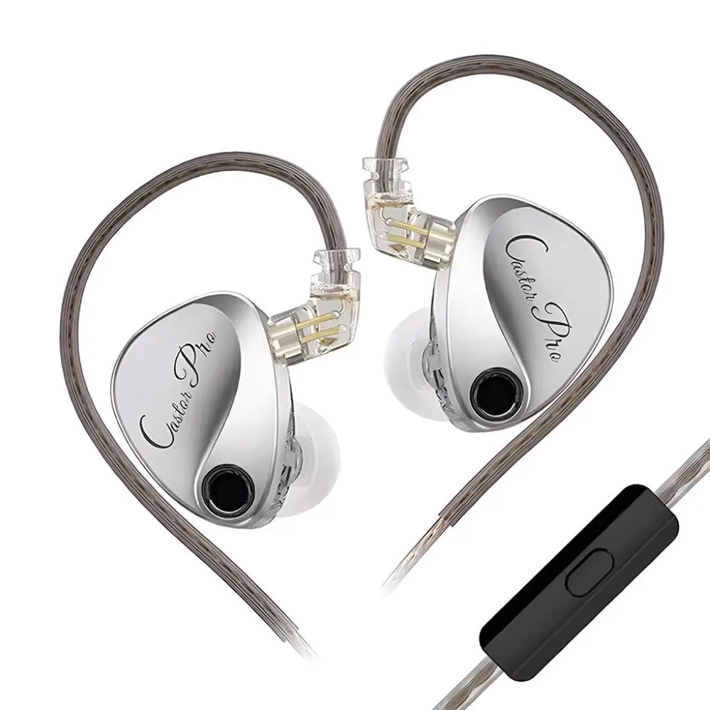 KZ Castor Pro IEM with Mic, Dual 10mm Dynamic Driver, Harman Target Hi-Res Audio Quality, 4 Tuning Switch, Oxygen Free Copper Flat Cable, HD Microphone, 0.78mm 2Pin & 3.5mm Plug Compatible SILVER 