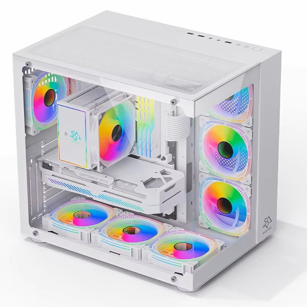 SNOWMAN CS015 Pro Mid-Tower Gaming PC Case with Tempered Glass Side Panel and Pre-Installed ARGB Fans White
