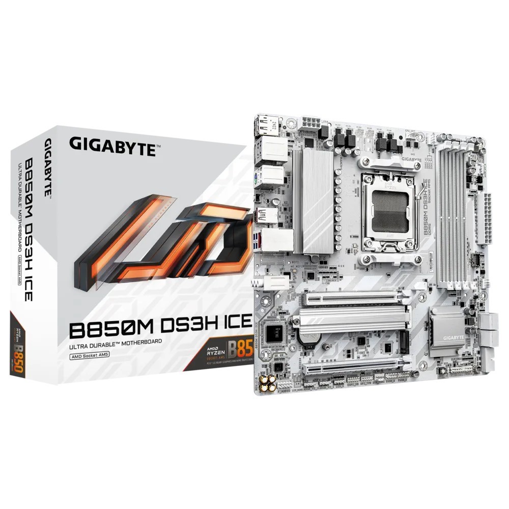 Gigabyte B850M DS3H Ice AM5 M-ATX Motherboard AMD B850 Chipset 4x DDR5 DIMM Slots, Up to 256GB Max Memory 1x PCIe 5.0 x16, 2x M.2 Slots White
