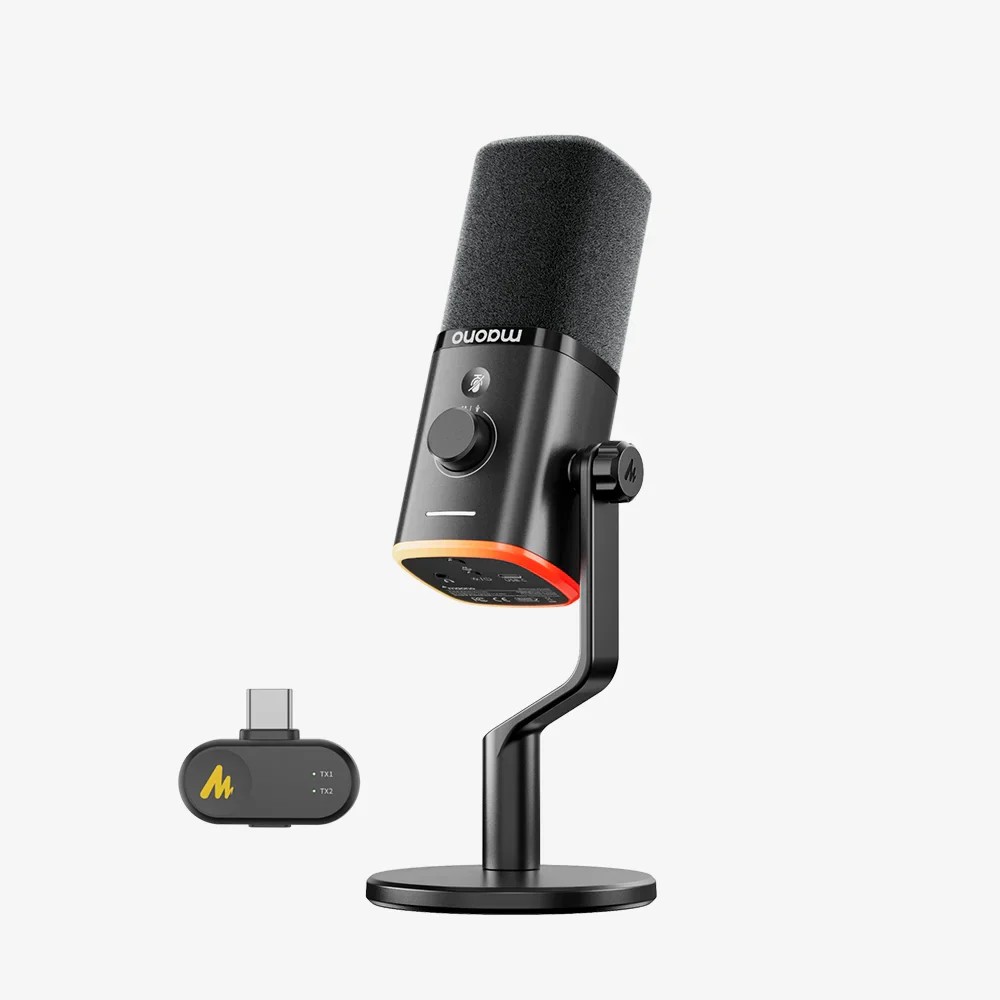 Maono PD100W Wireless/USB Microphone PC Gaming Mic with One-Click Noise Reduction Mute Button Custom RGB 3.5mm Headphone Jack Desktop Dynamic Streaming Mic for Recording Podcasting Black
