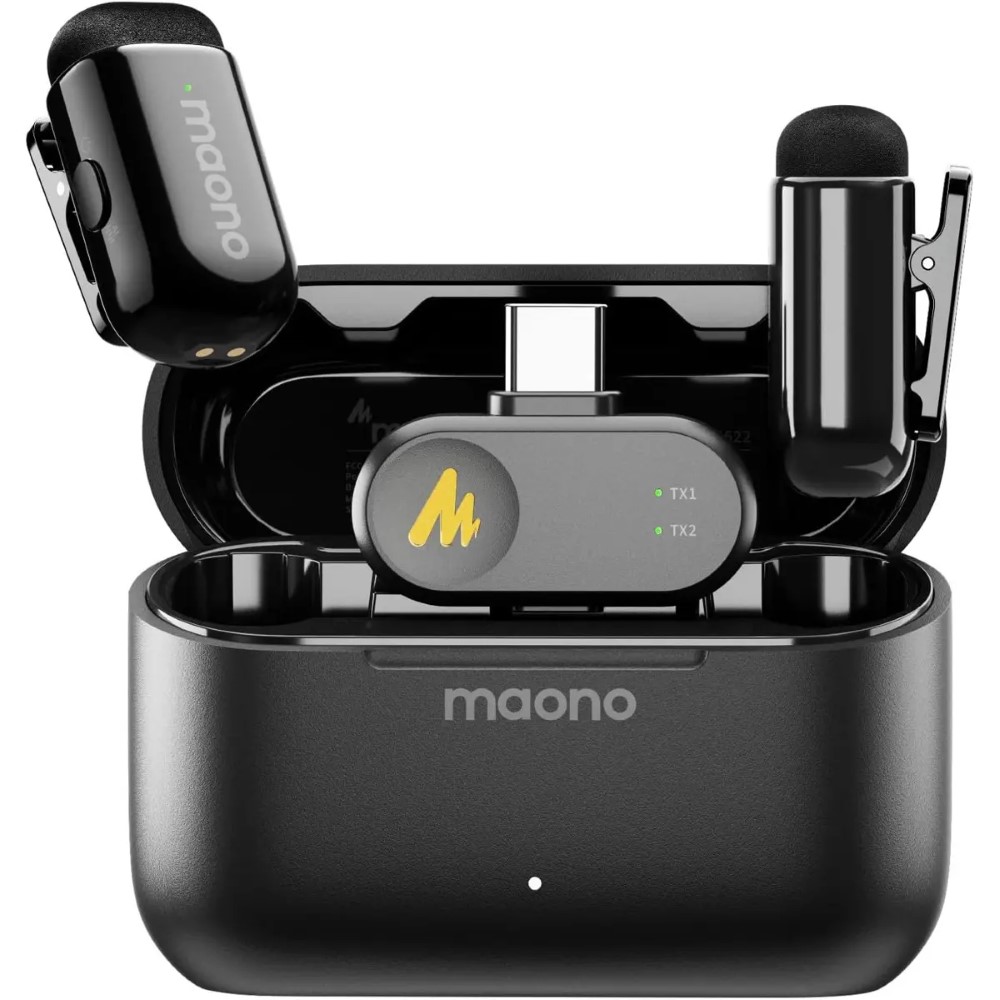 Maono Wave T1 Mini Wireless Lavalier Microphone for iPhone 17 16 15 &amp Android with USB-C Plug Noise Cancellation AI Voice Filter 30H Used with Charging Case for Video Recording TikTok YouTube (PC2)