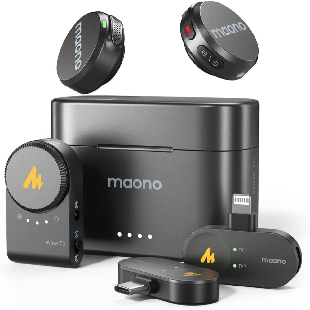 Maono Wave T5 Wireless Lavalier Microphone for iPhone/Android/Camera/PC Mini Lapel Mic with 48khz 24bit Voice Filter Noise Cancellation 30h Battery USB-C/Lightning Plug for Video Recording Black