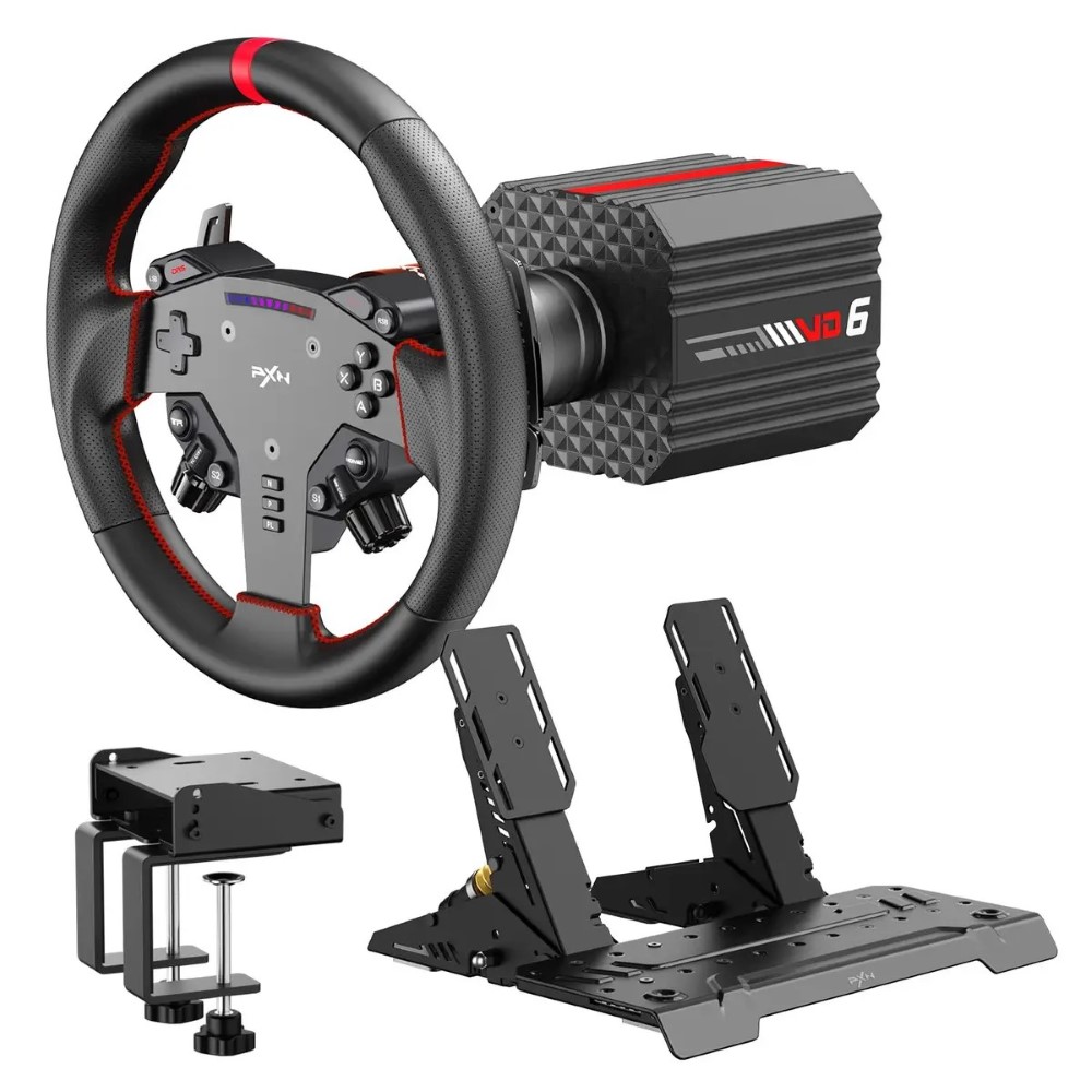 PXN VD6 Bundle PC Steering Wheel and Pedals  6 Nm Direct Drive Servo Motor Base, W AS Racing Wheel, Hall Effect 2-Pedal Set, and Table Clamp
