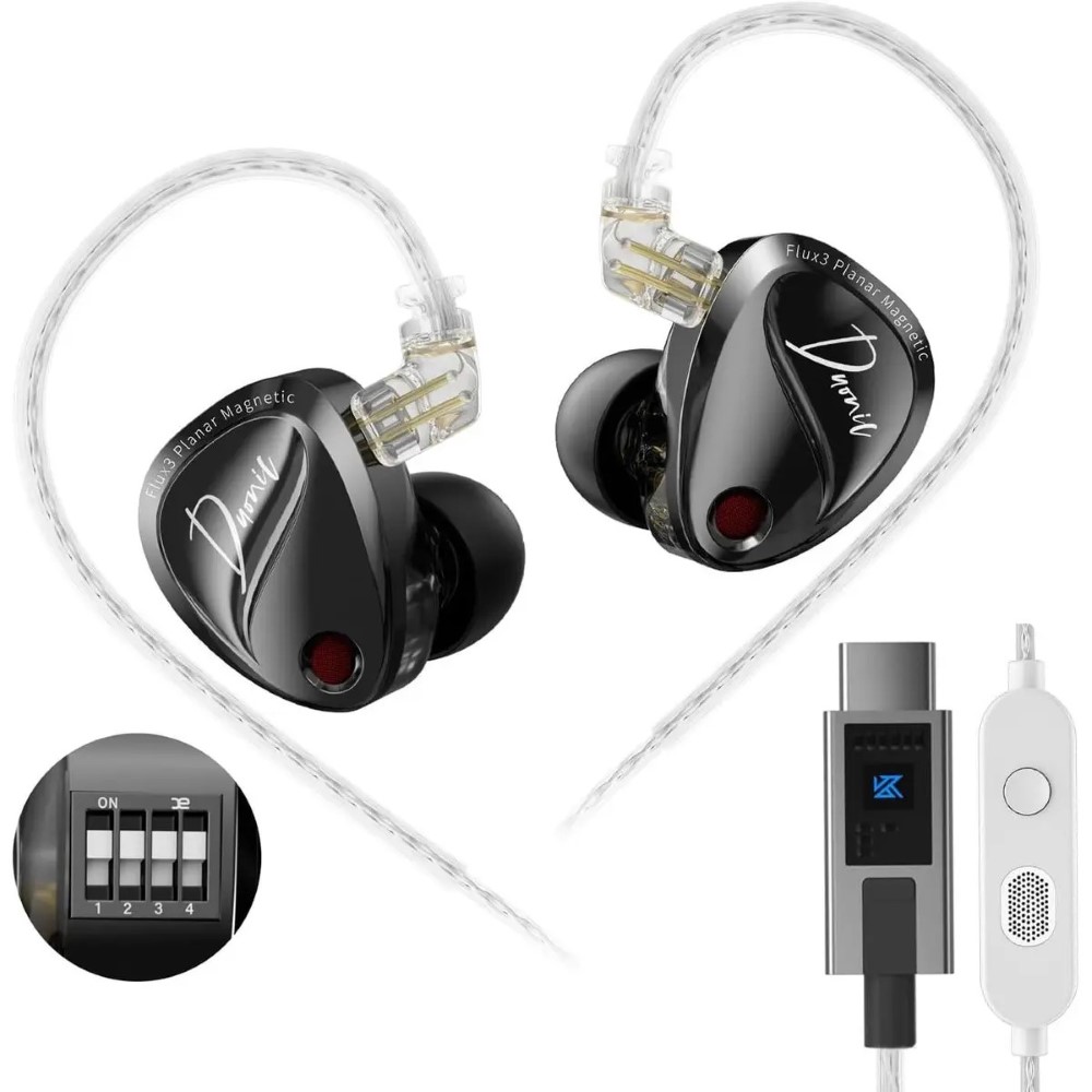 KZ Duonic USB-C Headphones Triple-Magnet Planar Magnetic + Super-Linear Dynamic Dual Driver in-Ear Monitor HiFi Bass Earbuds with Microphone Comfort-fit Noise Isolating IEM (DSP Tuning Mic Black)
