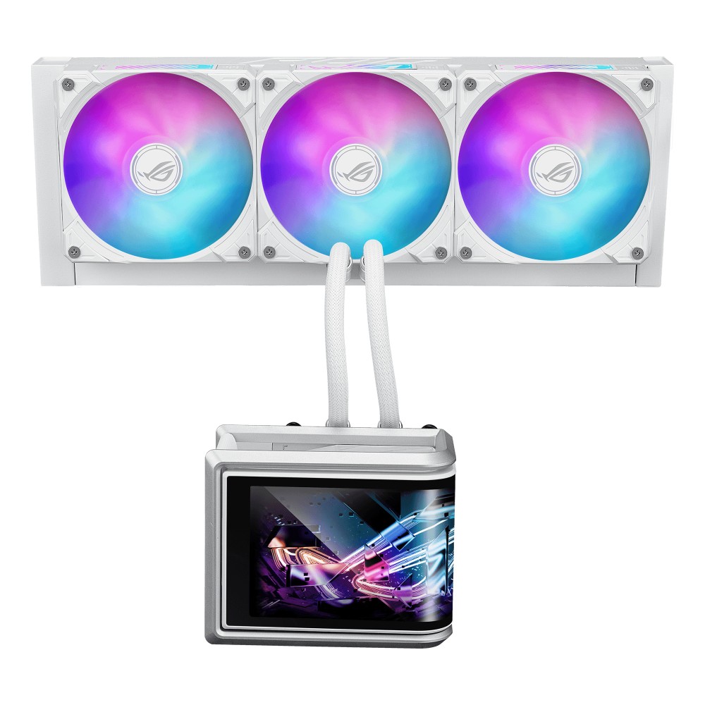 ASUS ROG Ryuo IV SLC 360 ARGB Liquid CPU Cooler 6.67″ AMOLED Display 360mm Radiator 3x 120mm MF-12C aRGB Fans 2650 RPM Speed 71.44 CFM Fan Airflow – White