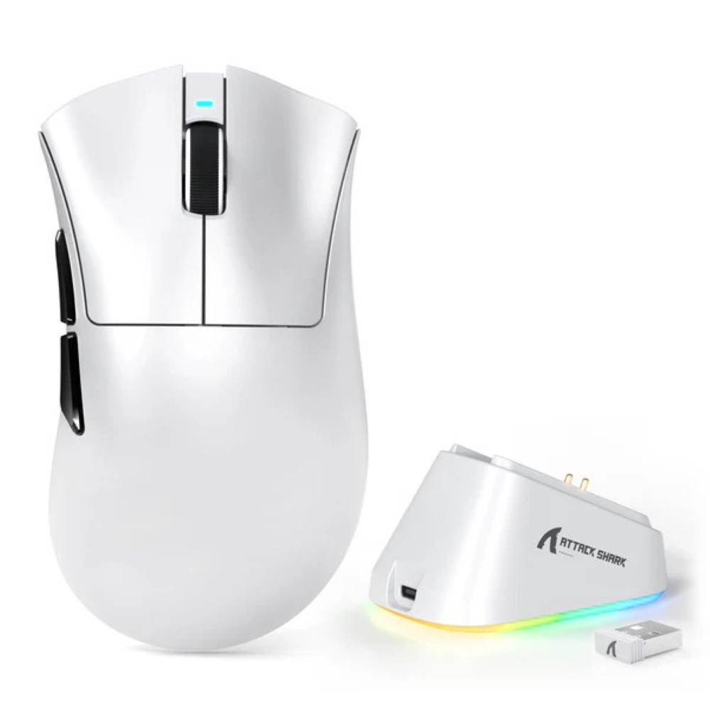 ATTACK SHARK V3 PRO Ultra-Light Tri-Mode Gaming Mouse with Charging Dock – White