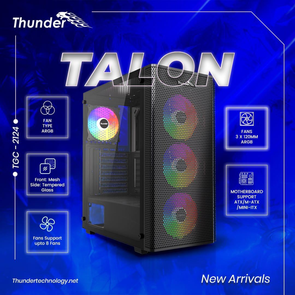 Thunder Talon TGC-2124 ATX Desktop Case, Front Mesh 3x ARGB Fans Pre-Installed
