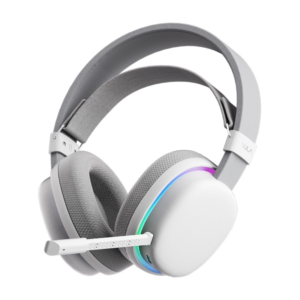 AULA G7 Wireless Gaming Headset, Dual BT 5.3 - 2.4GHz, 7.1 Surround Sound, 80+ Hour Battery, RGB, Noise-Canceling Mic Wing White (AULA NEW STOCK)