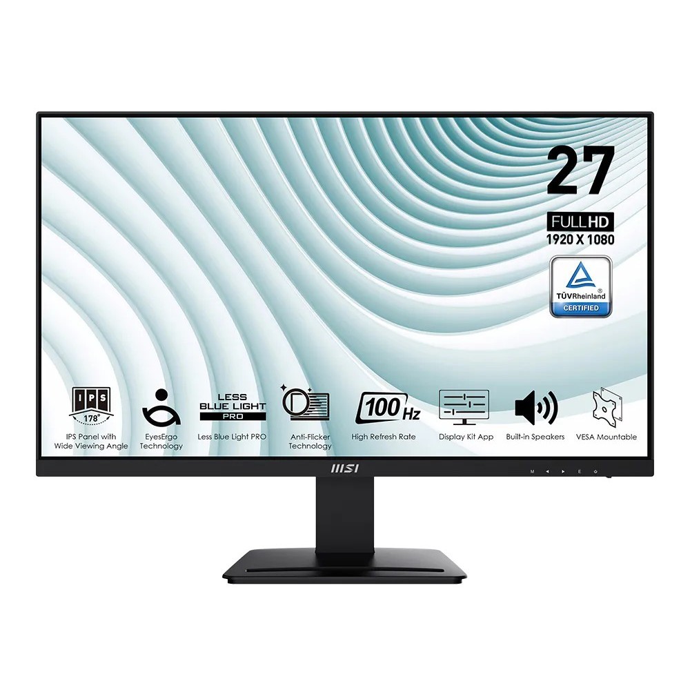 MSI PRO MP273A 27″ Professional Business Monitor FHD 100Hz Anti Glare IPS Display 1ms MPRT Response Time 2x 3W Speakers Adaptive Sync Display Kit Support DP / HDMI / VGA Black
