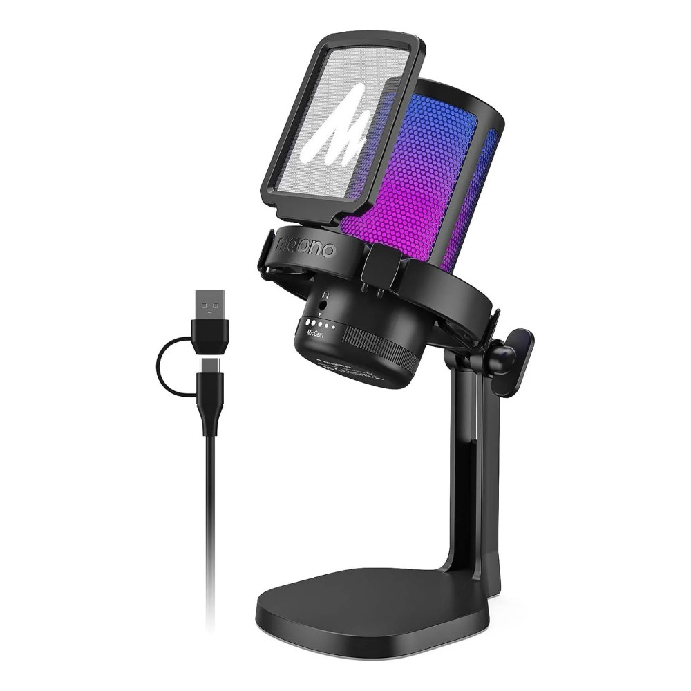 Maono DGM20 USB Gaming Microphone for PC Noise Cancellation Condenser Mic with RGB Lights for Streaming Recording Podcast,with 5FT 2 in 1 USB Microphone Cable Fast Transfer Audio Cable