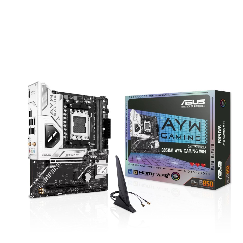 ASUS B850M-AYW GAMING WIFI Micro-ATX Motherboard – AMD B850, AM5, DDR5, PCIe 5.0, WiFi 6, 2.5Gb LAN, Dual M.2, HDMI