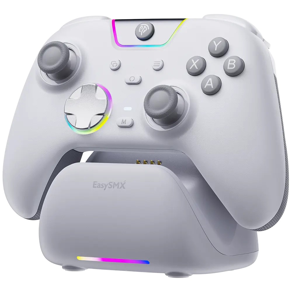 EasySMX X05 Pro White Wireless Gaming Controller with Charging Dock – Hall Effect Joysticks, Tri-Mode Connectivity, 1000Hz Polling Rate, RGB, PC/Switch/Android/iOS
